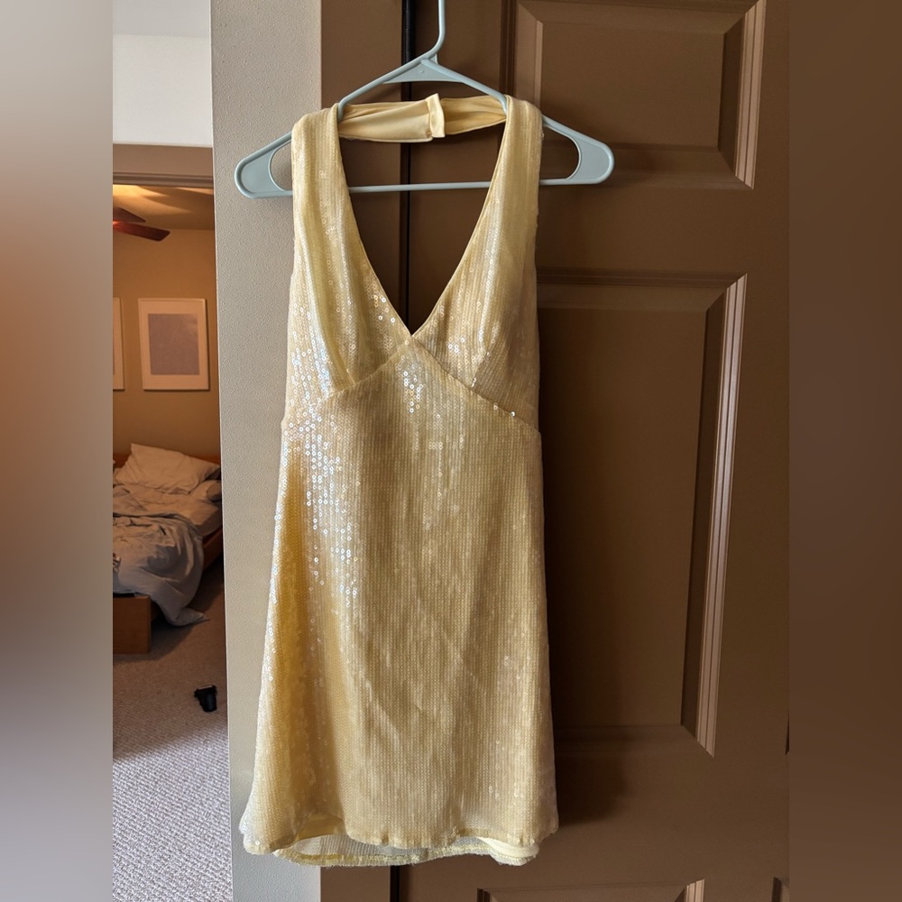 Hutch Anthropology Sequin Backless Dress Butter Yellow